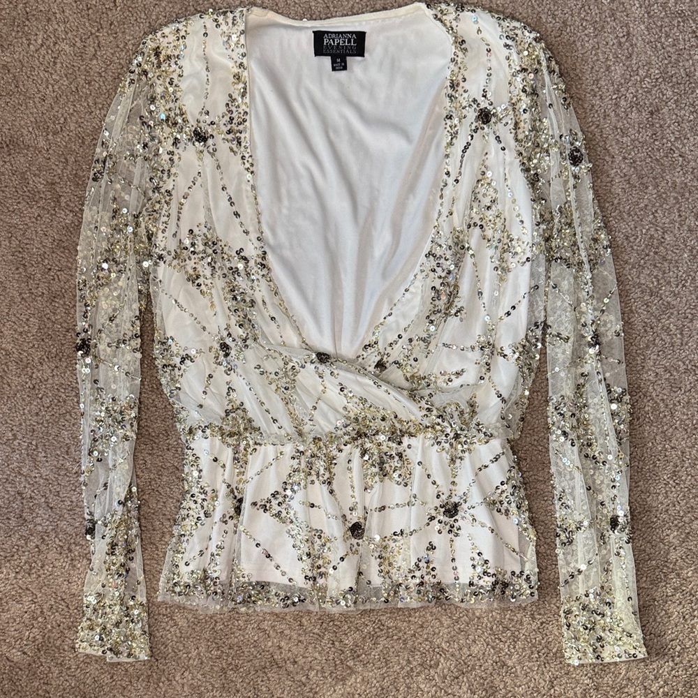 Adrianna Papell Ivory Sequin Wrap Peplum Blouse